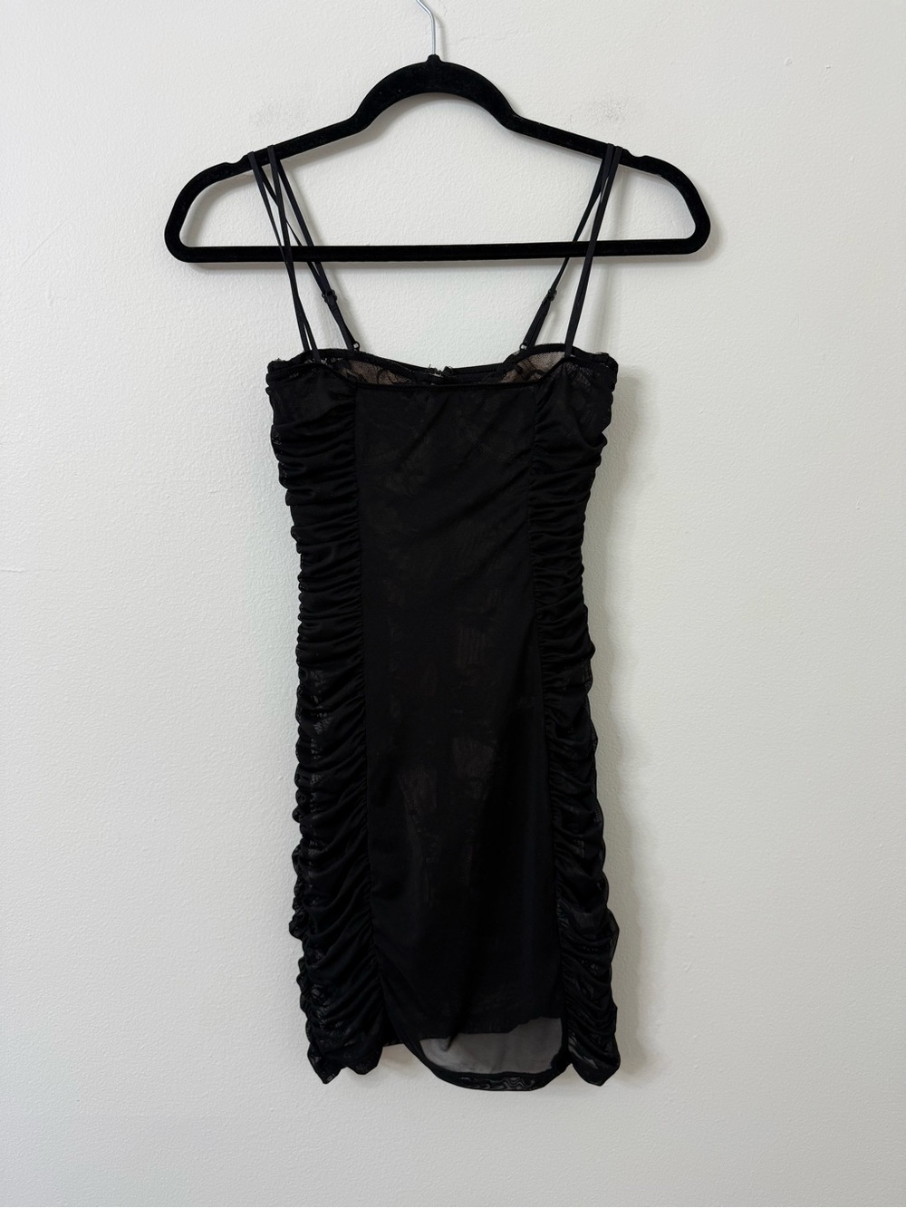 {XS} White Fox Black Ruched Slip Dress with Spaghetti Straps and Body Suit
